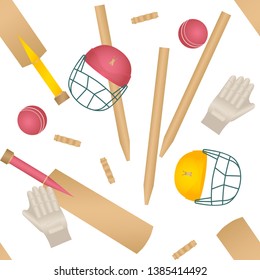 Uniforms and accessories for cricket. Helmet, bat, wicket, ball ,glove seamless colored vector pattern on white background.