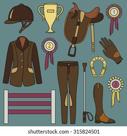 Uniforms for the horse rider, icon set vector. Doodle collection of equestrian objects. Horseback and riding essentials. Collection of equestrian equipment for horse