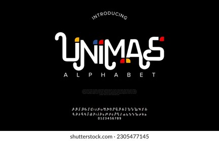 Unimas abstract digital technology logo font alphabet. Minimal modern urban fonts for logo, brand etc. Typography typeface uppercase lowercase and number. vector illustration