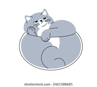 Unimpressed cat curled up, looking skeptical. Chubby feline with doubtful expression, lying, judging. Funny amusing lazy kitty animal meme. Flat vector illustration isolated on white background