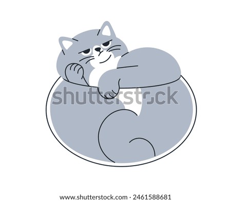 Unimpressed cat curled up, looking skeptical. Chubby feline with doubtful expression, lying, judging. Funny amusing lazy kitty animal meme. Flat vector illustration isolated on white background