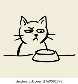 Unimpressed Cat Looking at Empty Bowl Doodle Illustration Grumpy Kitty Food Reaction Sketch Artwork