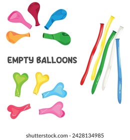 Uninflated balloons vector illustration in cartoon style. Empty balloons collection in different shapes. Decoration items for party. Flat vector isolated on white background.