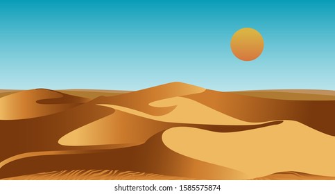 Uninhabited African desert with sand dunes and scorching sun in sky. Summer landscape or scenery with barchans. Natural decorative background template. Colorful flat cartoon vector illustration.