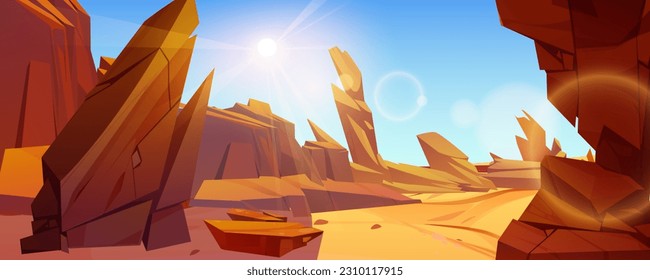 Uninhabited desert landscape under blazing sun in blue sky. Vector cartoon illustration of rocky canyon, cliffs and sand, view from mountain cave, alien planet territory with stones. Game background