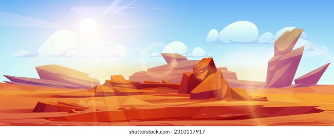 Uninhabited desert landscape under blazing sun in blue sky. Vector cartoon illustration of rocky canyon, cliffs and sand, hot red rock cliff, empty alien planet territory with stones. Game background