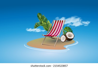 An uninhabited island with a chaise longue and palm leaves, coconut. Summer vacation, beach party realistic 3d objects isolated. Vector illustration EPS 10.