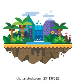 Uninhabited island, jungle. Tropical landscape with a waterfall and palm trees. Vector flat illustration