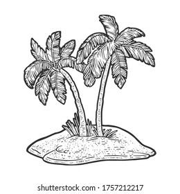 uninhabited island in ocean with two palm trees sketch engraving vector illustration. T-shirt apparel print design. Scratch board imitation. Black and white hand drawn image.