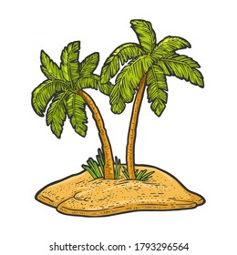 uninhabited island in ocean with two palm trees color sketch engraving vector illustration. T-shirt apparel print design. Scratch board imitation. Black and white hand drawn image.