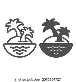 Uninhabited island with palm trees line and solid icon, climate change concept. Vector graphics. Island with tropical tree at sea sign on white background, outline style icon for mobile or web design