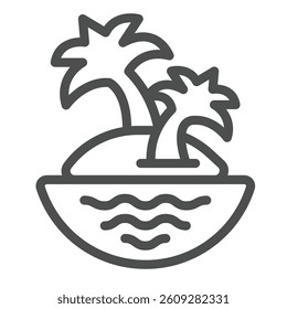 Uninhabited island with palm trees line icon, climate change concept. Vector graphics. Island with tropical tree at sea sign on white background, outline style icon for mobile or web design