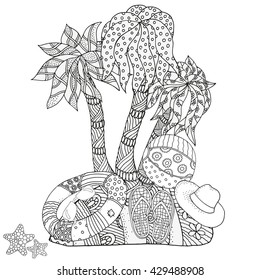 Uninhabited island. Starfish, lifebuoy, sunglasses, ball, flip-flops. Hand drawn set of summer doodles elements. Black and white. Coloring book page for adult and children. Beach shoes, doodles
