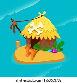 Uninhabited Island With Survivor. Castaway In A Tent. Small Island Vector Illustration