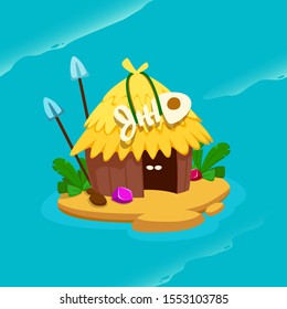 Uninhabited Island With Survivor. Castaway In A Tent. Small Island Vector Illustration