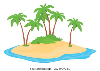 Uninhabited island tropical sand sea beach with palm tree summer vacation vector flat illustration. Exotic weekend holiday paradise relax resort nautical lagoon coast natural seaside shore