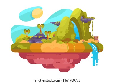 Uninhabited picturesque island vector illustration. Tropical landscape with waterfall jungle and palm trees flat style design. Desert isle. Summer travel tourism holiday concept