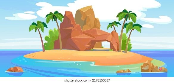 Uninhabited tropical island in the ocean with palms and paradise beach. Landscape background with a rocky mountain, green coconut trees, a sandy shore and blue water. Cartoon style vector illustration