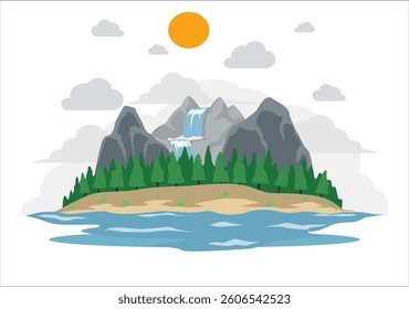 Uninhabited tropical island in ocean. Vector cartoon illustration of piece of land with sandy shore, rocky mountain, exotic palms, stones in sea water under blue sunny sky. 2683