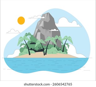 Uninhabited tropical island in ocean. Vector cartoon illustration of piece of land with sandy shore, rocky mountain, exotic palms, stones in sea water under blue sunny sky. 
2681