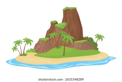 Uninhabited tropical island with palm trees and rocky cliffs surrounded by blue ocean on a clean white background