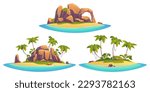Uninhabited tropical isle cartoon scene set. Tiny sea rock island with palm tree and stone cliff vector clipart isolated on white background. Beautiful exotic sand land coast in ocean asset collection