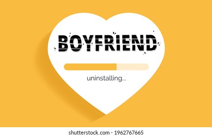 Uninstalling a boyfriend heart-shaped screen as a metaphor of ended romantic relationship. Emotionally difficult breakup. Pain, guilt, and disappointment at the end of the relationship. New life stage