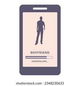 Uninstalling a boyfriend screen as a metaphor of ended romantic relationship. Emotionally difficult breakup. Pain, guilt, and disappointment at the end of the relationship. New life stage.