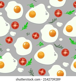 uninterrupted vector pattern scrambled eggs seasoning tomatoes on gray background.For paper,advertising,packaging,textile,wallpaper.