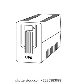 Fuente de alimentación ininterrumpida, Ilustración vectorial del contorno de UPS computacional en un estilo de diseño simple y moderno. Acumulador batería de respaldo de banco de energía para computadora. Recursos gráficos editables.
