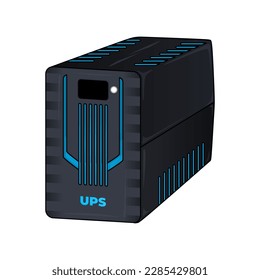 Computer UPS mit blauen Streifen, realistische 3D-Vektorgrafik im trendigen Stil. Unterbrechungsfreie Stromversorgung, Akkumulatorenbatterie-Backup für Computer. Bearbeitbare Grafikressourcen.