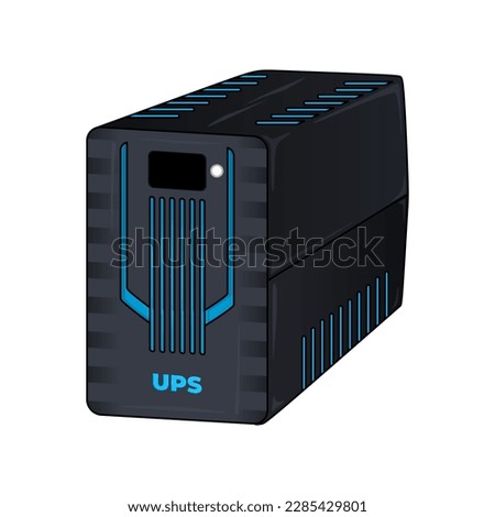Uninterruptible power supply or Computer UPS with led blue strips, realistic 3d vector illustration in trendy style. Accumulator battery power bank backup for computer. Editable graphic resources.