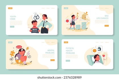 Uninvolved or neglectful fatherhood web banner or landing page set. Absent dad showing a lack of parental interest to a child. Mental and behavioral problems. Flat vector illustration