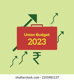 Union Budget 2023 India. Red suitcase and up market arrows with rupee symbol showing budget positive impact on Indian economy. Vector, Illustration.