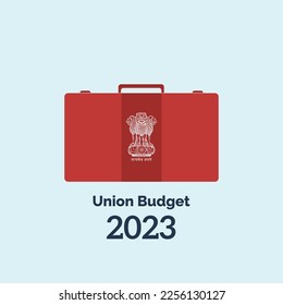 Union Budget 2023 India. Red suitcase and national emblem of India. Vector, Illustration.