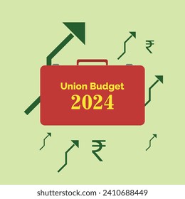 Presupuesto de la Unión 2024 India. Maleta roja y flechas de mercado con símbolo de rupia que muestran el impacto positivo del presupuesto en la economía india. Vector, Ilustración.