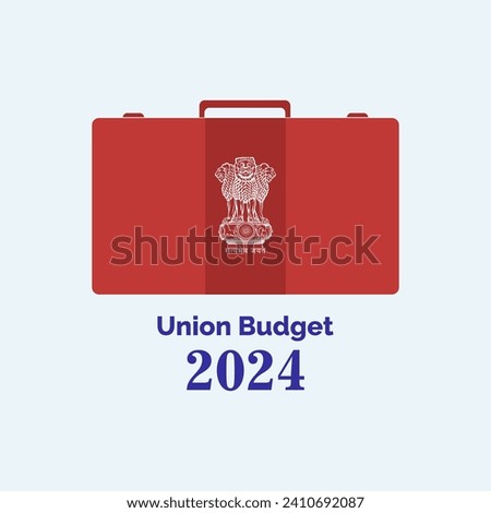Union Budget 2024 India. Red suitcase and national emblem of India. Vector, Illustration.