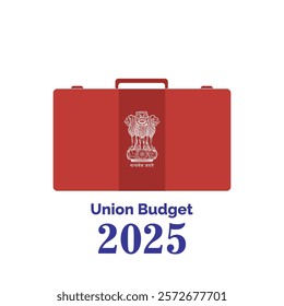 Union Budget 2025 India. Red suitcase and national emblem of India. Vector, Illustration. Finance Budget.