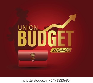 'union budget'  typography vector illustration. Budget briefcase with Indian map isolated on red background