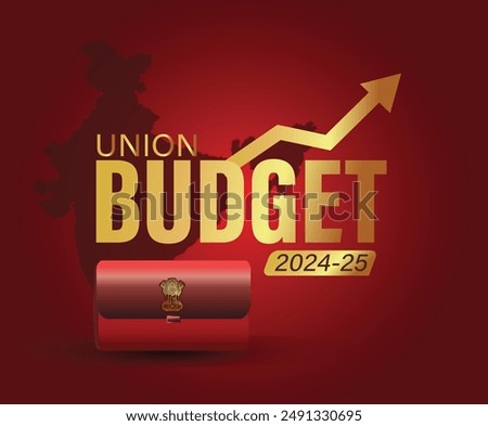 'union budget'  typography vector illustration. Budget briefcase with Indian map isolated on red background