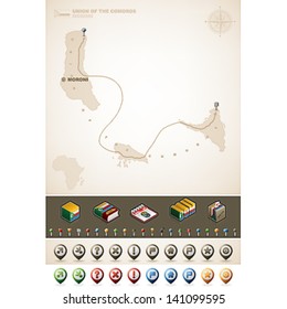 Union of the Comoros and Africa maps, plus extra set of isometric icons & cartography symbols set