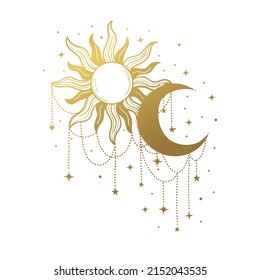 Union of day and night, vector icon with golden sun and crescent moon, vintage vector symbol isolated on white, flat hand drawn design. T-shirt print, tattoo.