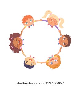 Union Of Of Happy School Friends Dance In Circle On White Vector Illustration. Cartoon Children Play In Ring, Boys And Girls Holding Hands, Perspective View From Top To Bottom