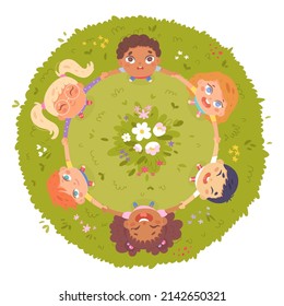 Union of of happy school friends dance in circle on green grass summer meadow vector illustration. Cartoon children play in ring, boys and girls holding hands, perspective view from top to bottom