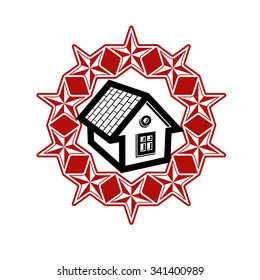 Union idea vector icon, simple house surrounded with red festive stars. Stylized web design element, home art symbol.