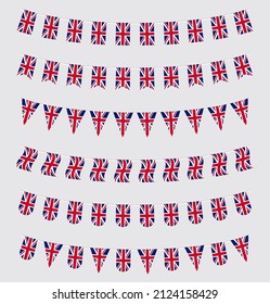 Union Jack bunting set with UK flags. United Kingdom flags garland.