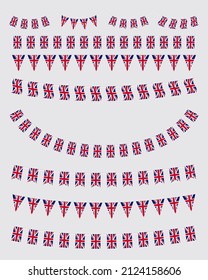 Union Jack bunting set with UK flags. United Kingdom flags garland. svg