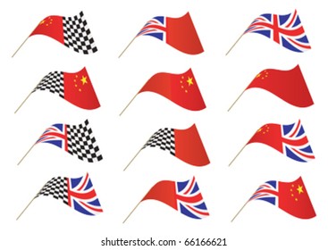 Union Jack, Chinese and Checkered Flag, editable illustration Vector. Re-sizeable to any size.