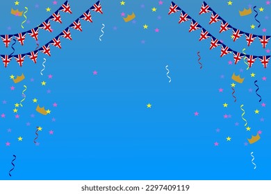 Union Jack flag garland with crown background banner vector illustration for coronation celebration. UK

