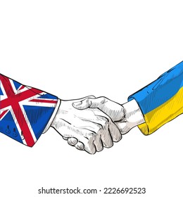 Union Jack Flagge von Großbritannien und UA Ukraine. Partner politischen Handshake Vertrag, Zusammenarbeit, Unterstützung. Zwei Hände zittern einander, halten sich fest. Landfreundschaft